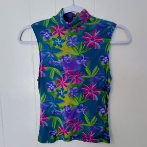 Vintage Y2K mesh mock turtleneck tank top bright floral print goth Club 90s